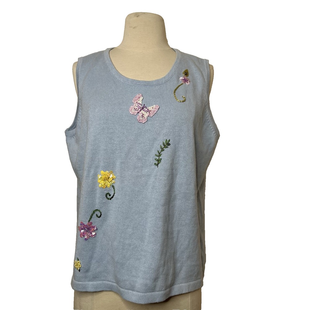 Storybook Knits Embroidered Floral Knitted Top Womens 1X Blue Cottagecore Granny